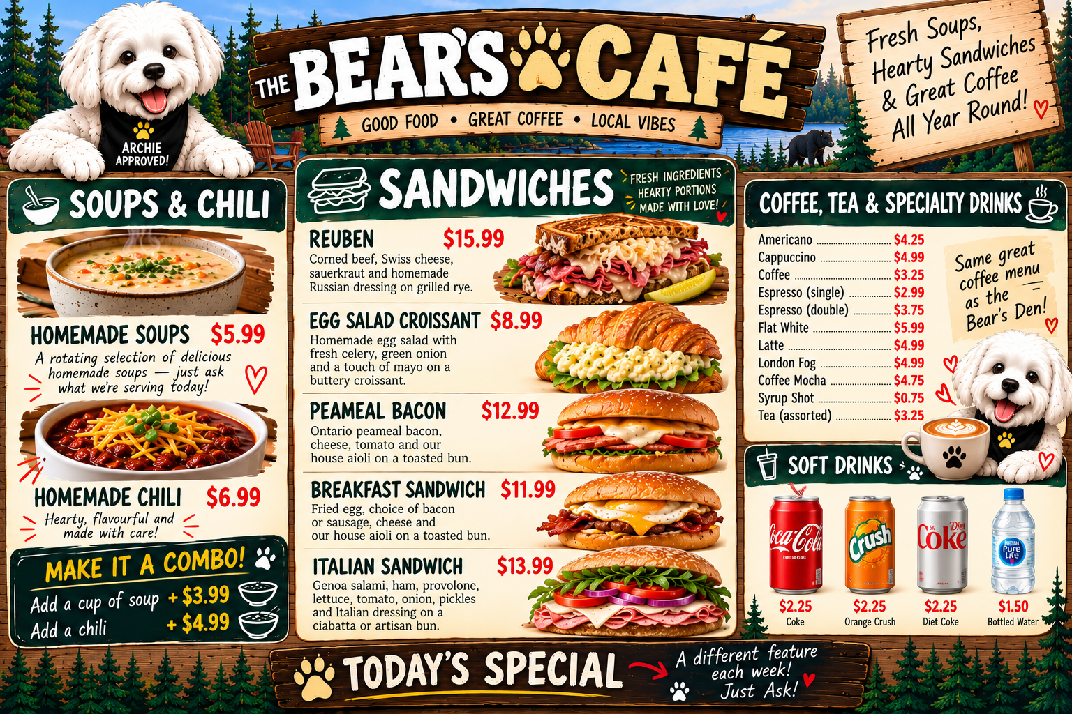 The Bear’s Café illustrated menu with Archie. Text menu and prices below.