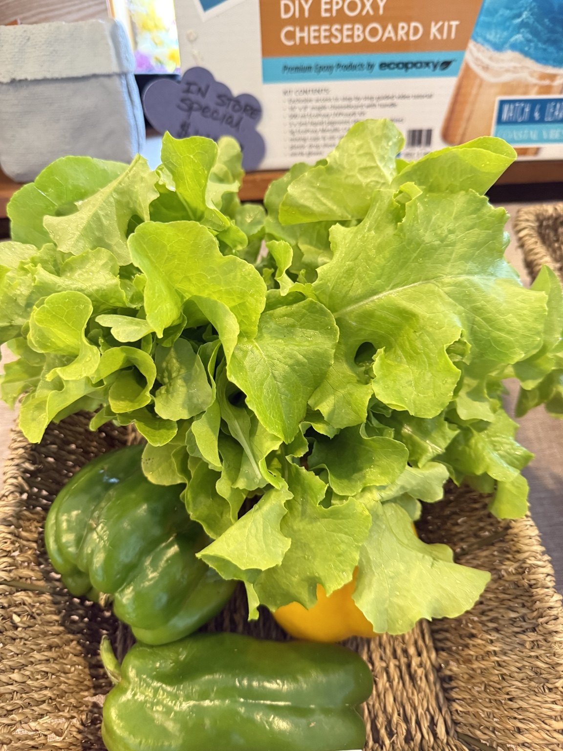 Fresh lettuce and peppers on display in the store