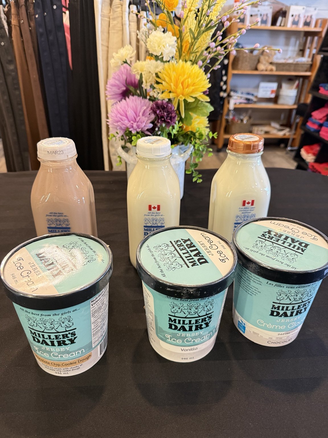 Miller’s Dairy milk bottles and ice cream together in the store